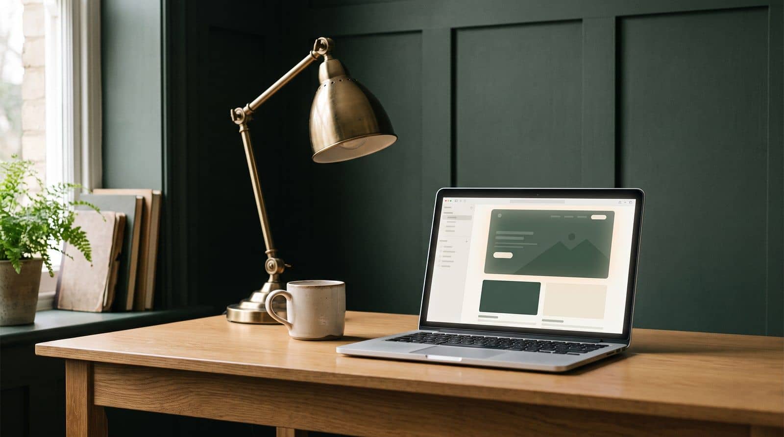 A calm studio interior in deep green and oak